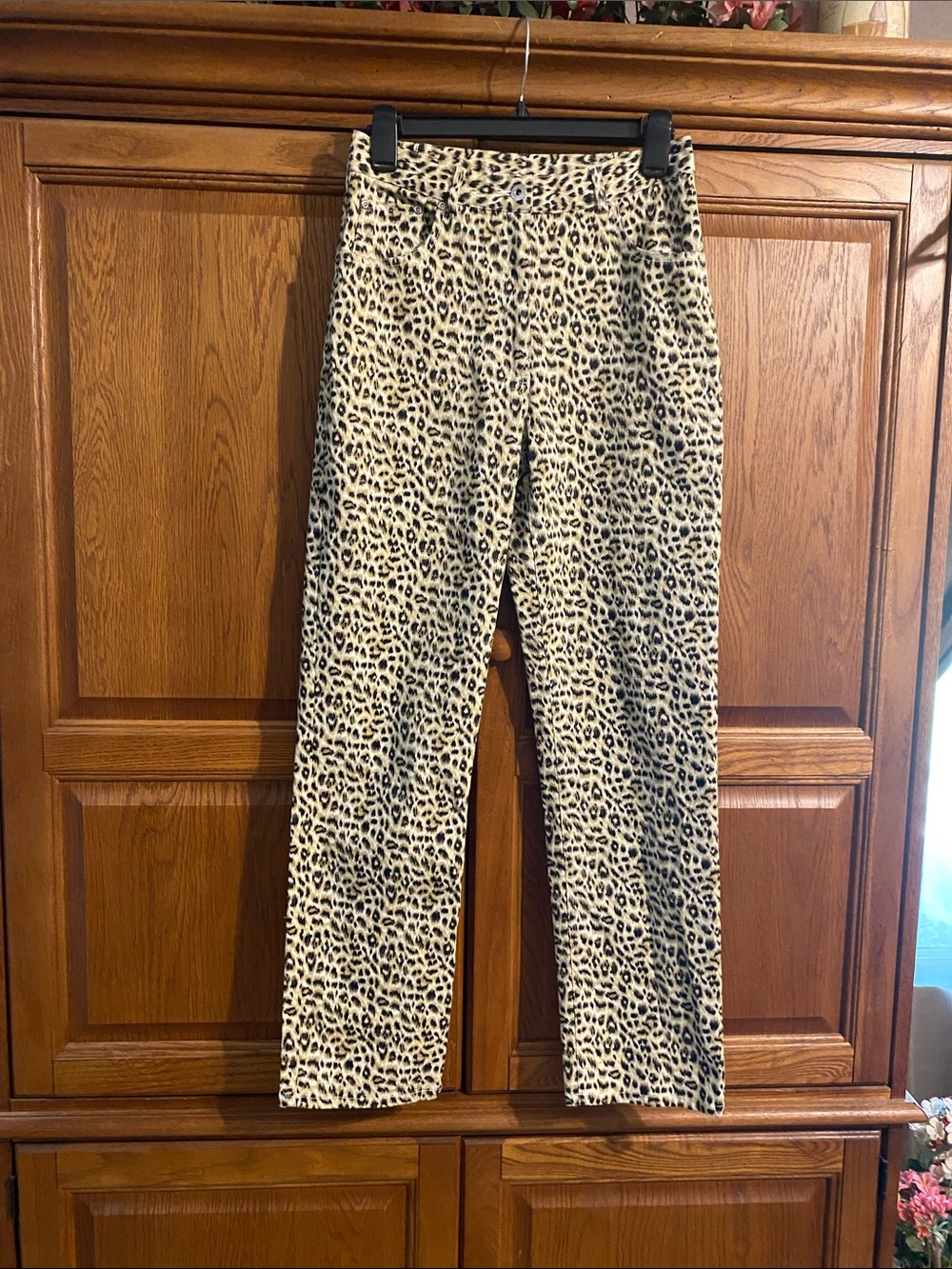 Diane Gilman Beige and Black Leopard Print Straight Leg Pants